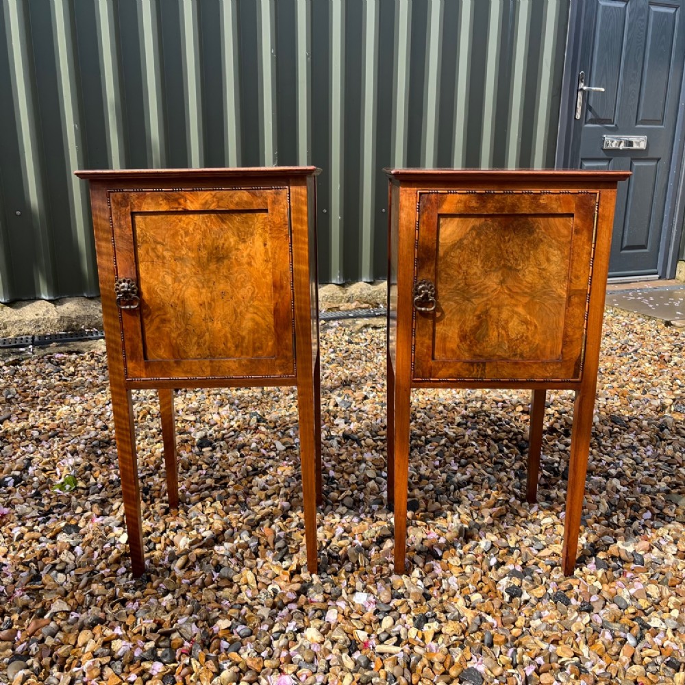 A Fine quality pair of Edwardian period burr walnut bedside cabinets