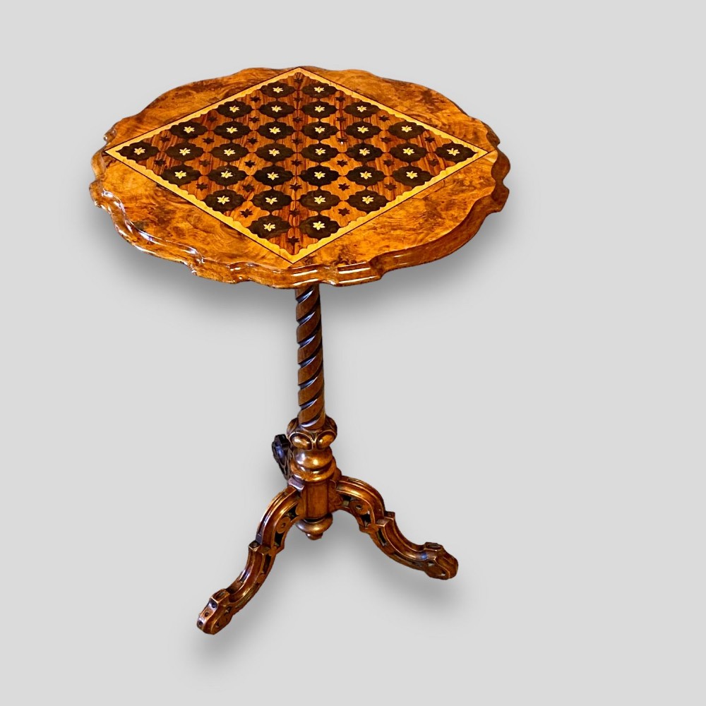 A lovely Victorian Period burr walnut, tulipwood and satinwood inlaid wine table