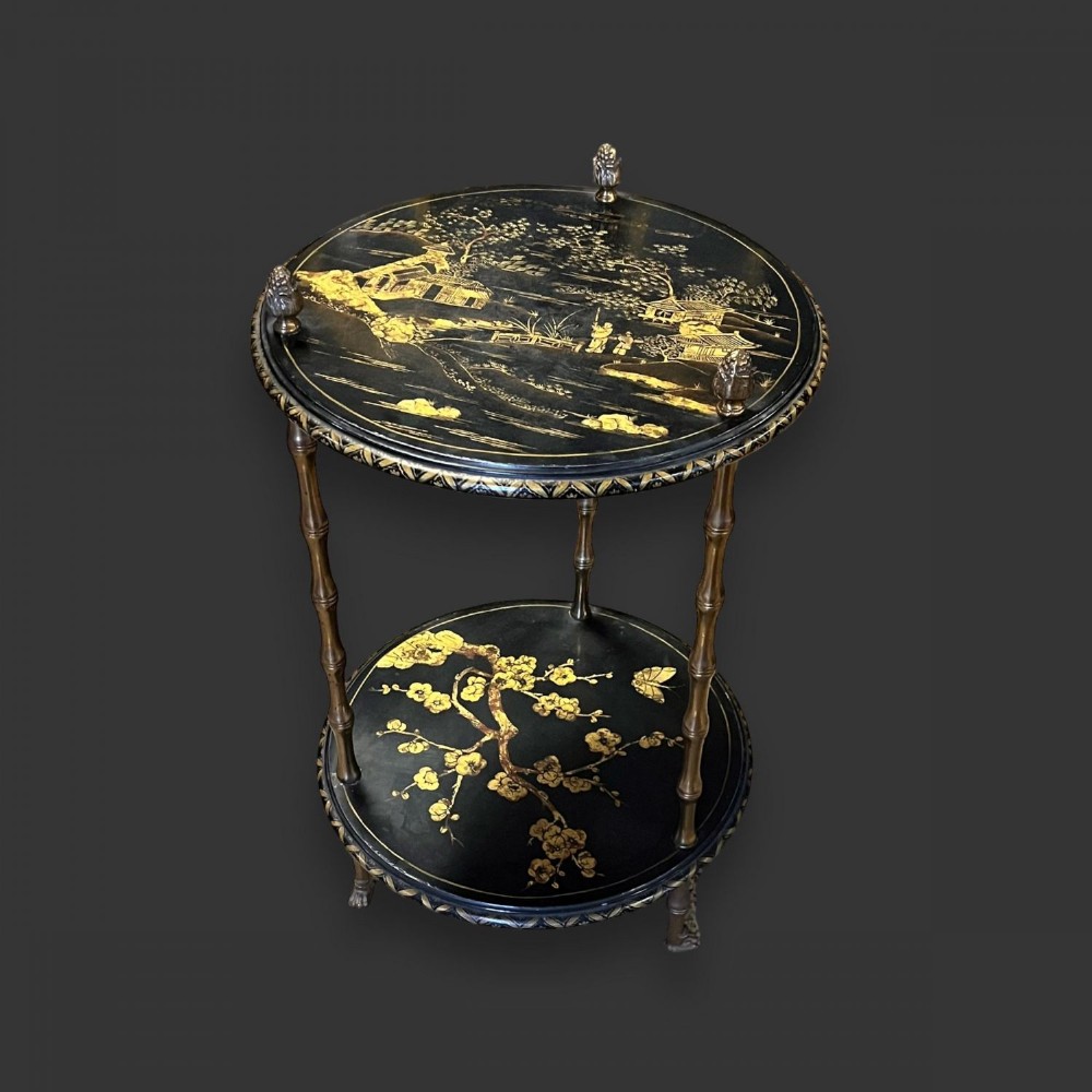 An Edwardian Period chinoiserie and brass two tier etagere