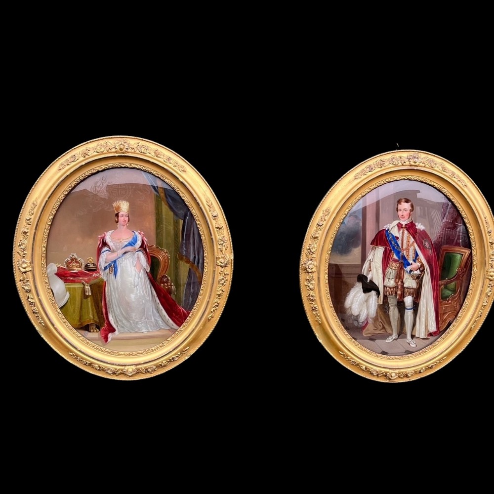 An unusual pair of Royal reverse paintings on glass