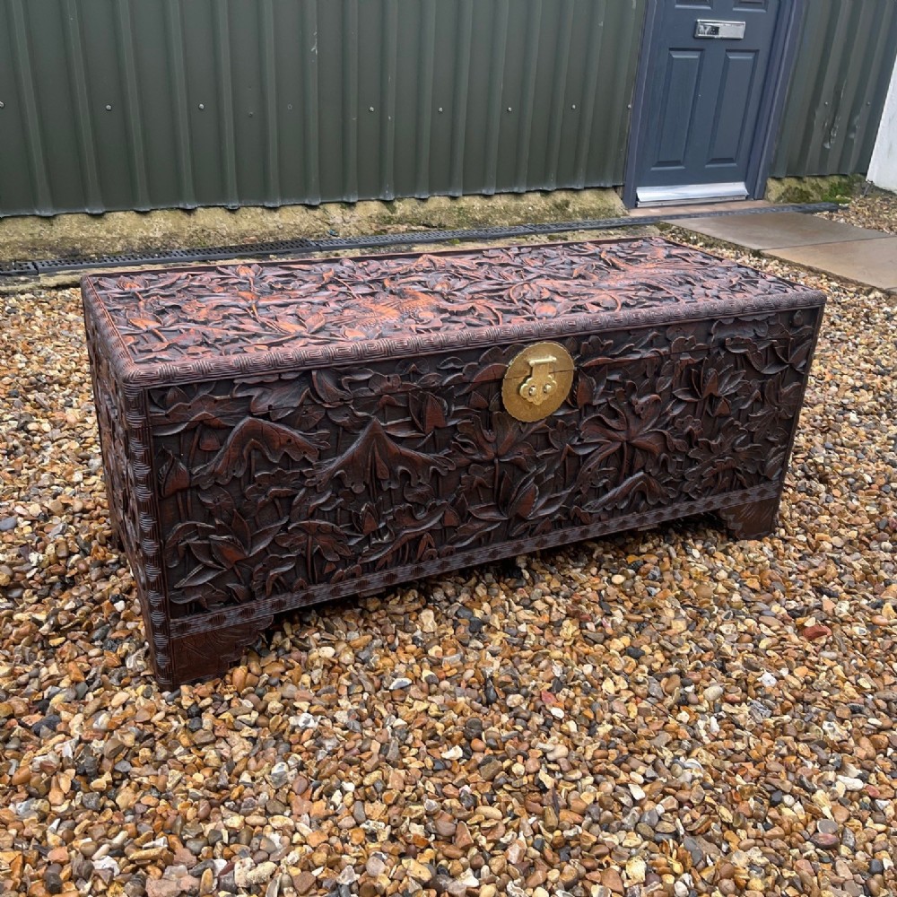 A Chinese carved camphor wood trunk