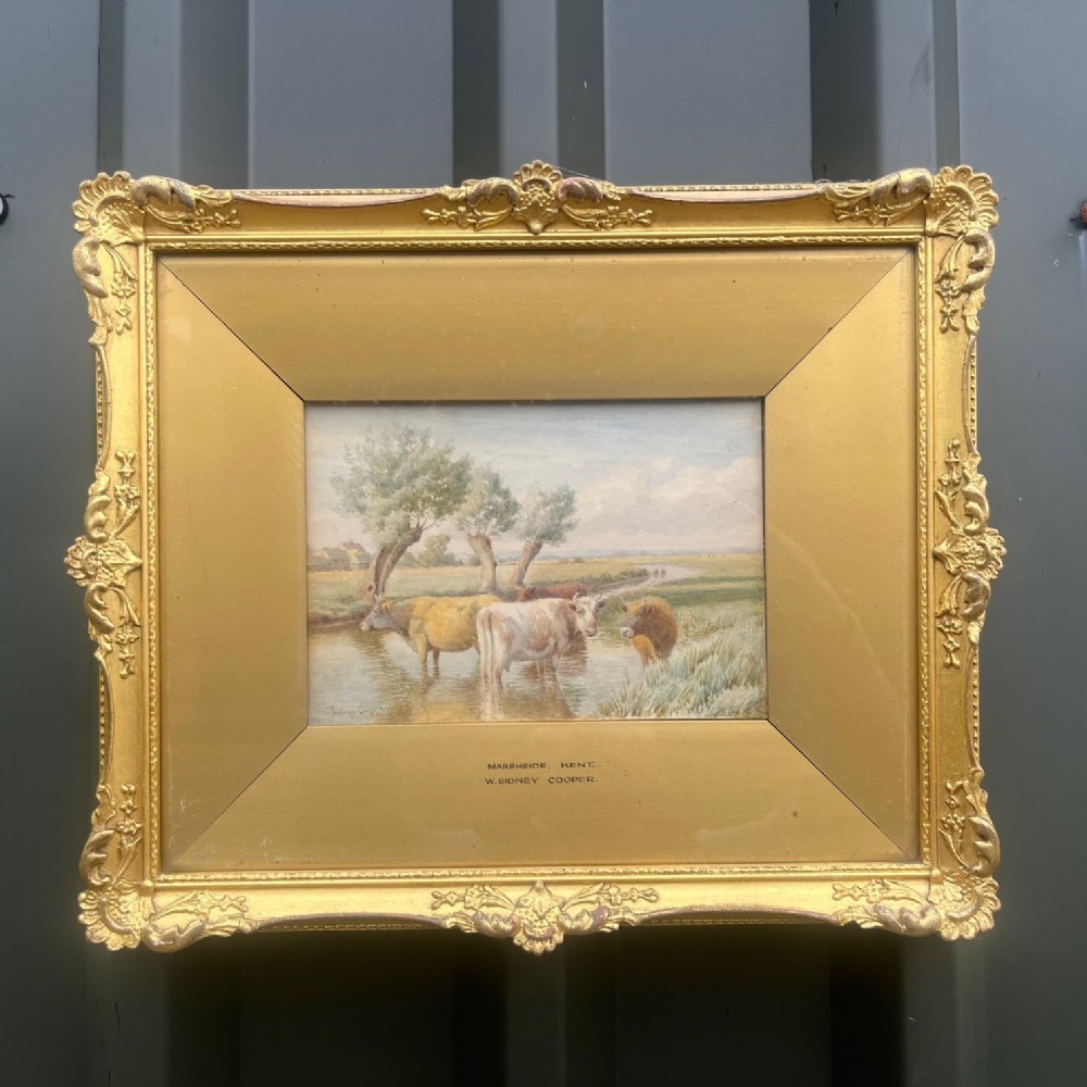 A watercolour depicting cattle watering by William Sidney Cooper