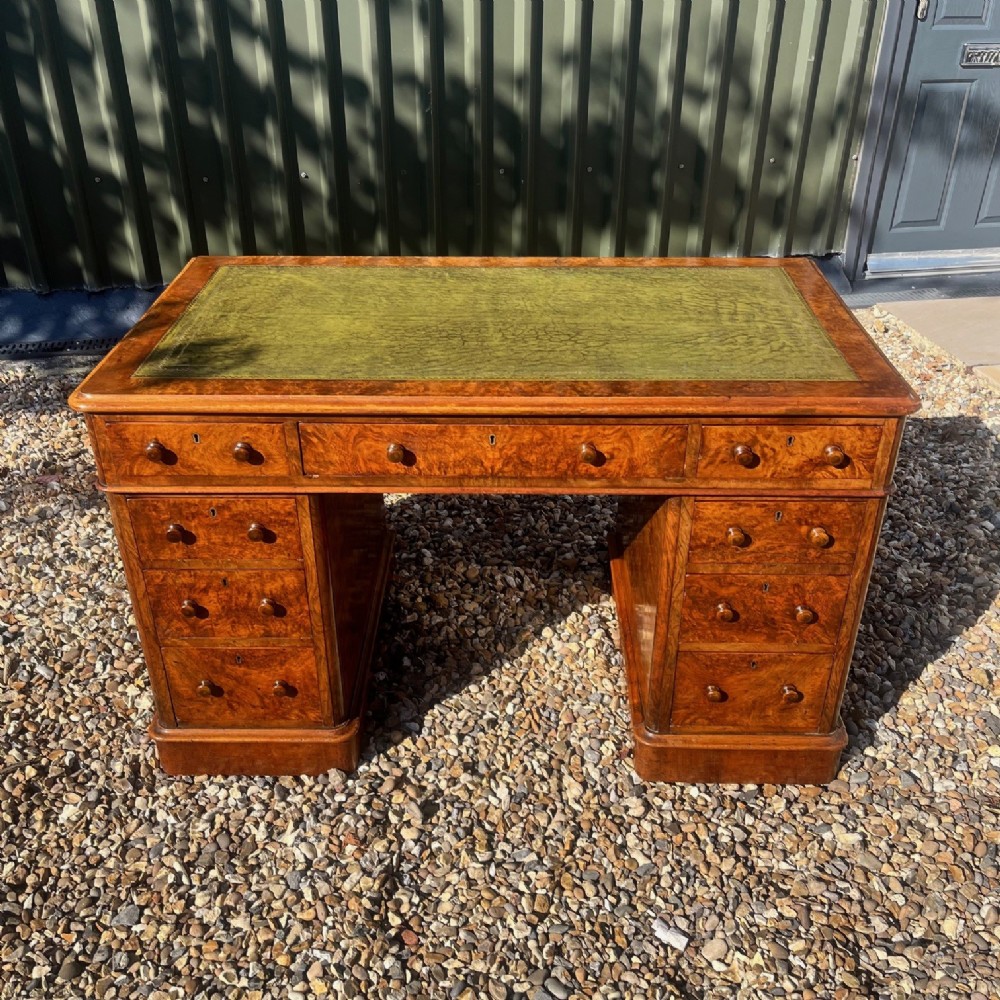 A fine quality Victorian Period burr walnut antique pedestal desk