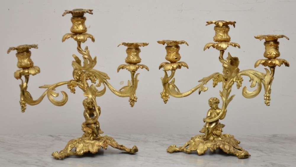 A Fine Quality pair of French 19th century ormolu three branch candelabra