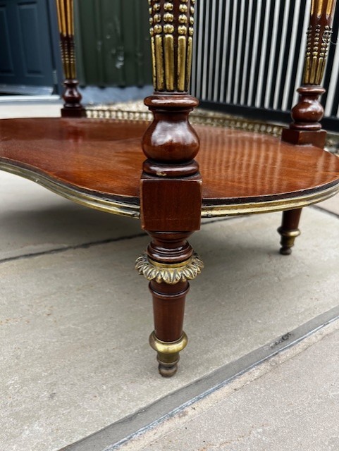An oval French mahogany vitrine featuring glass side panels, gilt-bronze ormolu mounts, fluted legs, and a gallery top above a lower undertier shelf. View IX