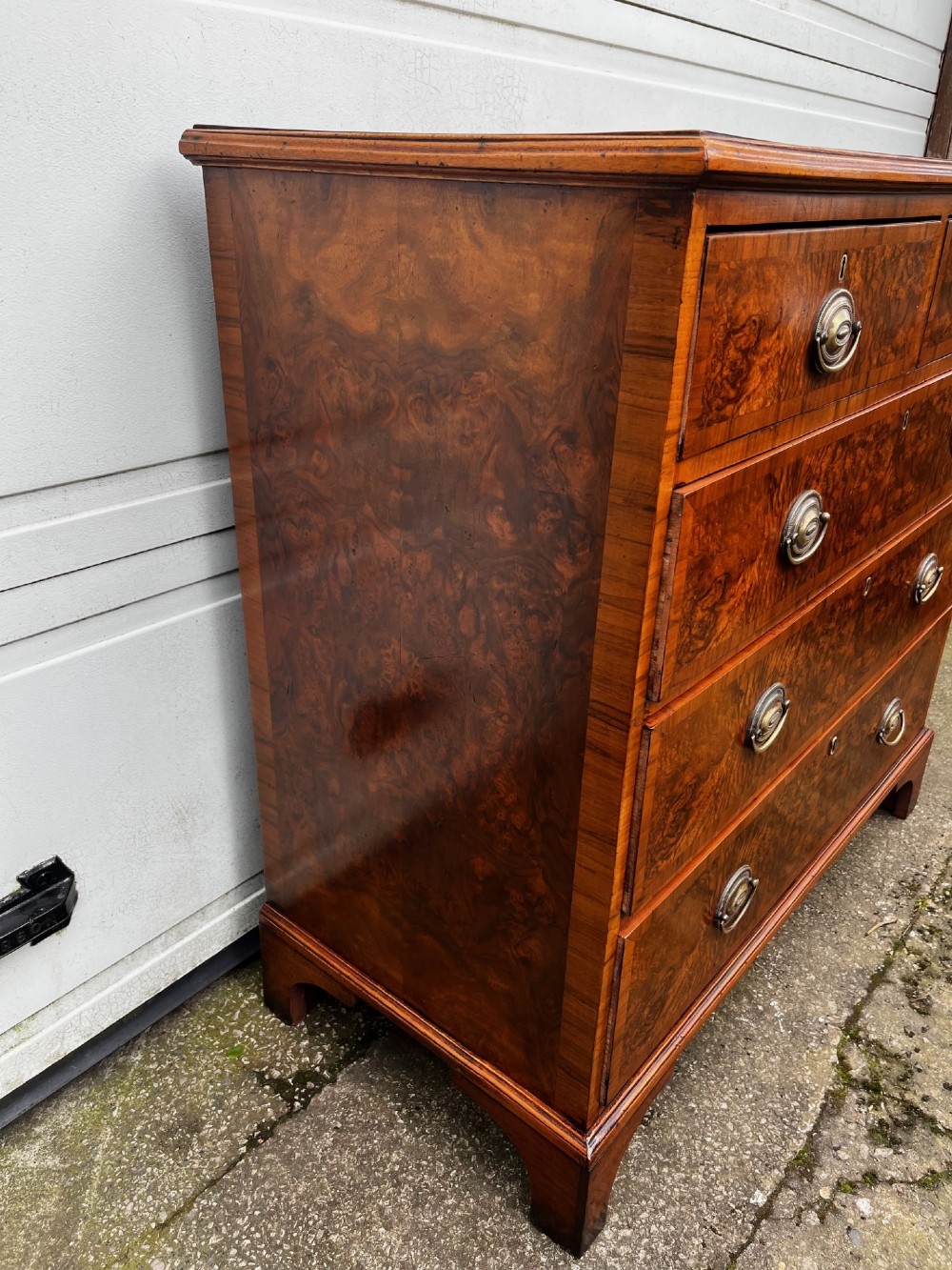 A 19th-century burr walnut veneered chest of drawers featuring two short over three long drawers with brass drop handles and bracket feet. View VII