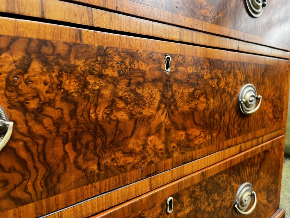 A 19th-century burr walnut veneered chest of drawers featuring two short over three long drawers with brass drop handles and bracket feet. View X