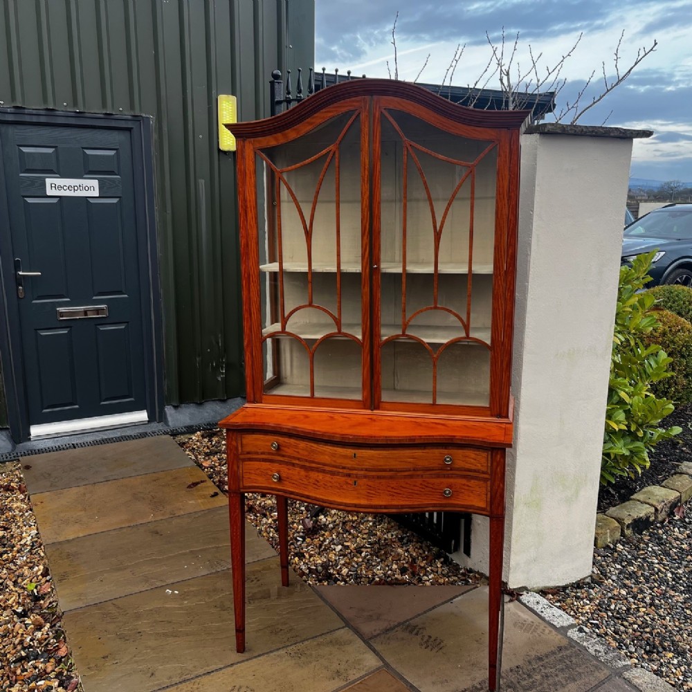 An antique Sheraton Revival satinwood display cabinet featuring arched astragal glazed doors, two lower drawers with ring handles, and square tapered legs.