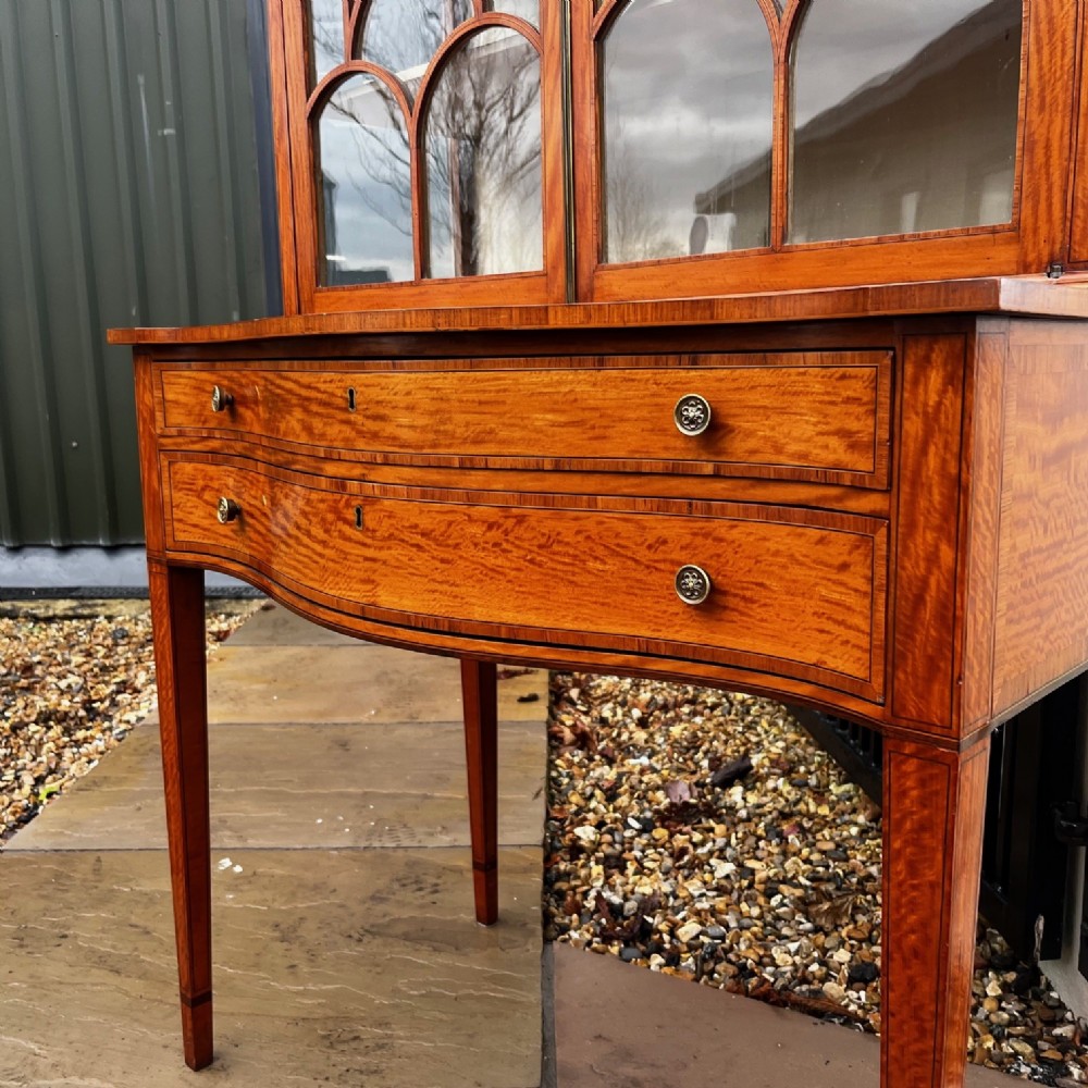 An antique Sheraton Revival satinwood display cabinet featuring arched astragal glazed doors, two lower drawers with ring handles, and square tapered legs. View II