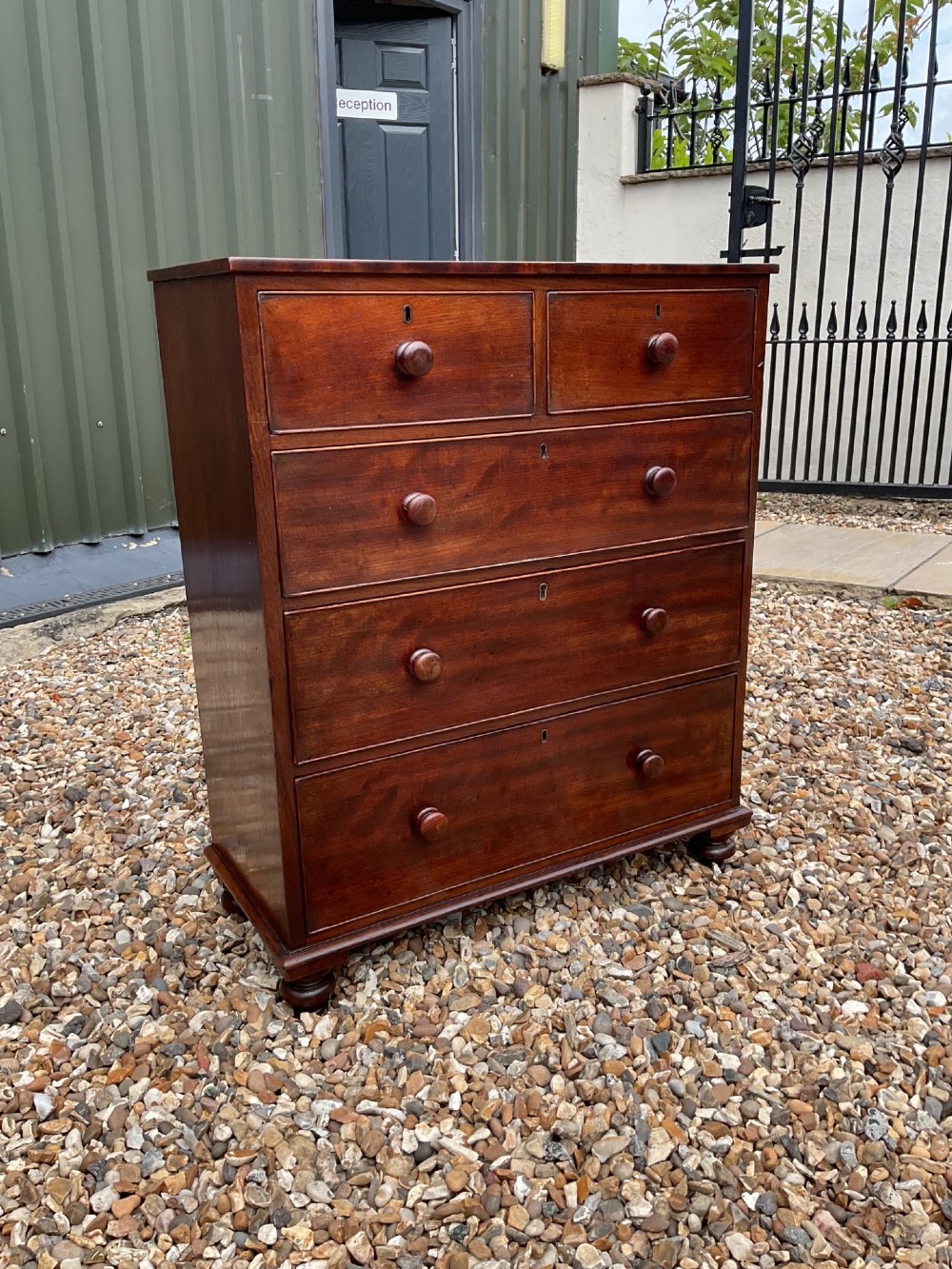 An early Victorian mahogany chest of drawers featuring a two-over-three drawer layout with turned wooden knob handles and short turned feet.