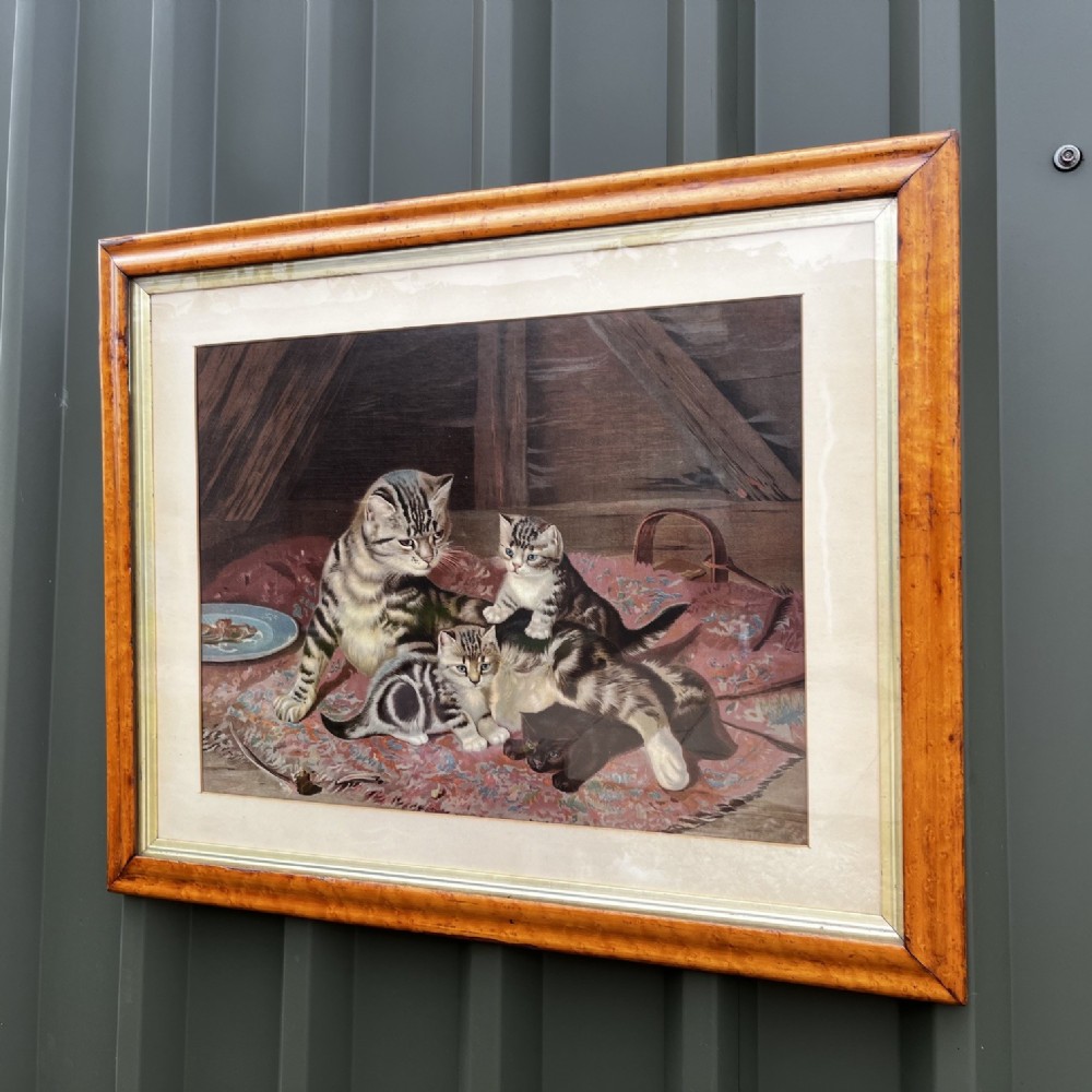 A framed nineteenth-century chromolithograph depicting a mother cat and four kittens resting on a rug, set within a timber frame with a gilt inner slip. View IV