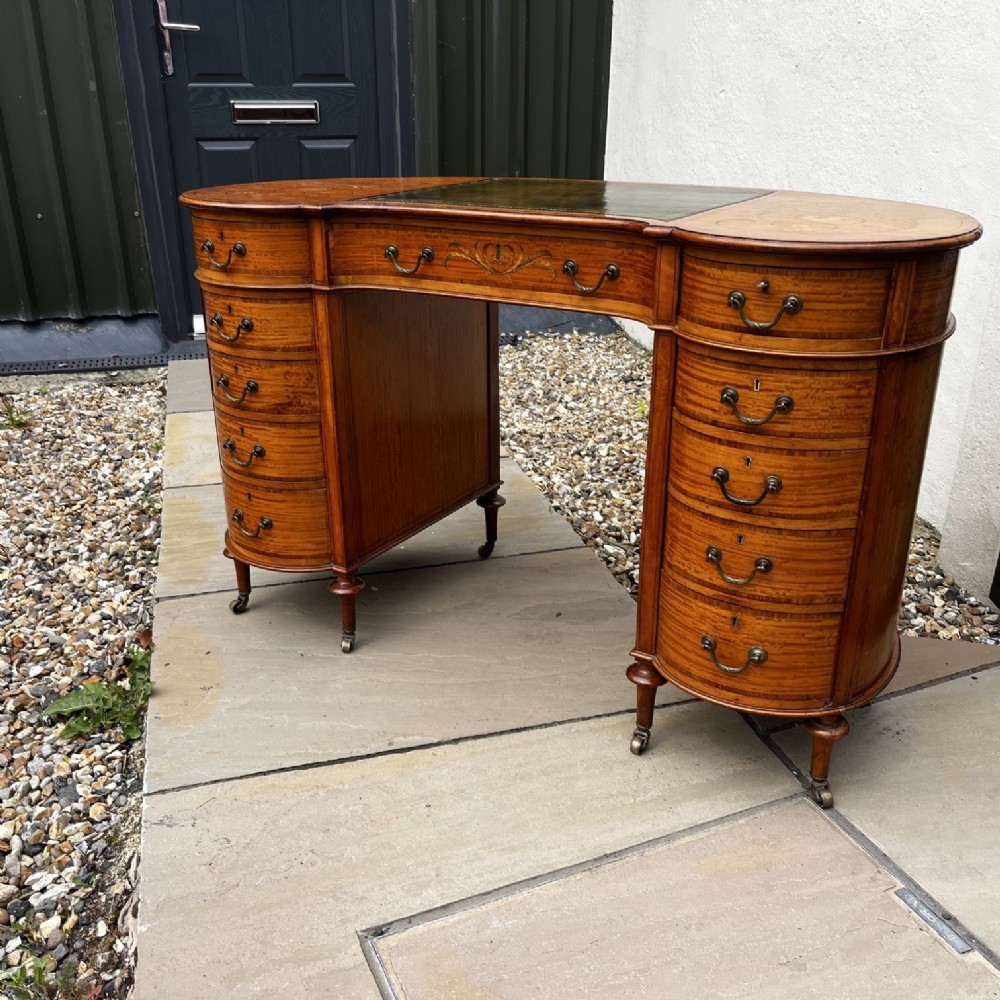 A Fine Quality Late Victorian Period Satinwood Kidney Shaped Desk View VI