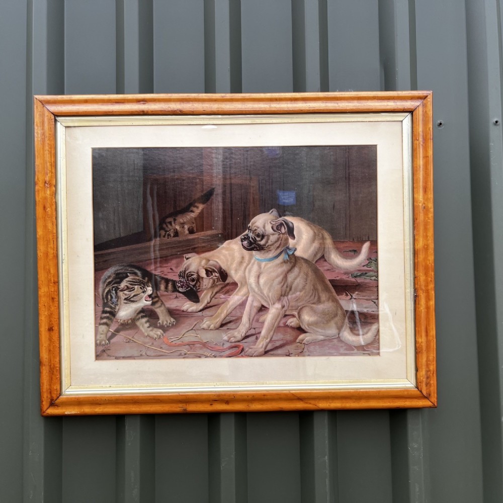 A framed 19th-century chromolithograph print depicting two pugs and two cats in an interior setting, housed in a polished wood frame. View IV