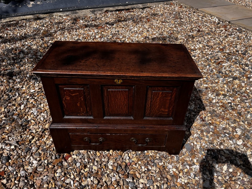 An eighteenth-century dark oak Welsh coffer bach featuring three fielded front panels, a lower drawer with brass handles, and a hinged lid. View II