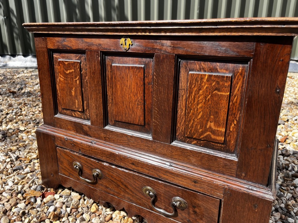 An eighteenth-century dark oak Welsh coffer bach featuring three fielded front panels, a lower drawer with brass handles, and a hinged lid. View III