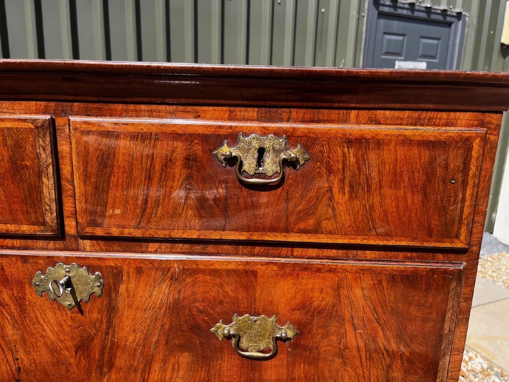 An 18th-century George II walnut chest on stand with brass handles, keyhole escutcheons, and cabriole legs. View IV