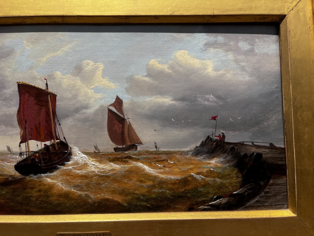 A pair of Victorian marine oil paintings depicting sailing ships on choppy coastal waters, framed in matching gilded rectangular frames with brass nameplates. View VIII