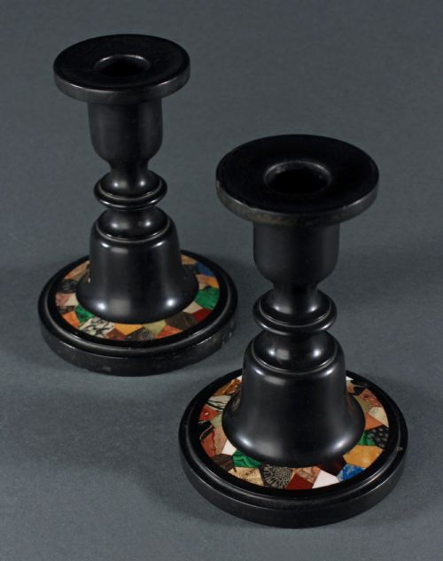 pair of pietra dura ashford black marble candlesticks - CATEGORY: ANTIQUE LIGHTING - DATED 1860