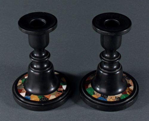 PAIR OF PIETRA DURA ASHFORD BLACK MARBLE CANDLESTICKS - ADDITIONAL PHOTO 1