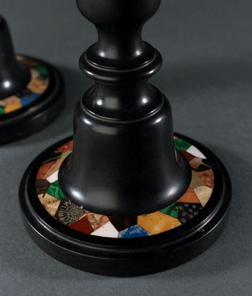 PAIR OF PIETRA DURA ASHFORD BLACK MARBLE CANDLESTICKS - ADDITIONAL PHOTO 3