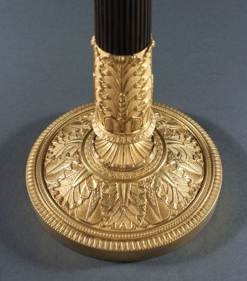 PAIR OF PATINATED AND GILT BRONZE REEDED COLUMN CANDLESTICKS - ADDITIONAL PHOTO 2
