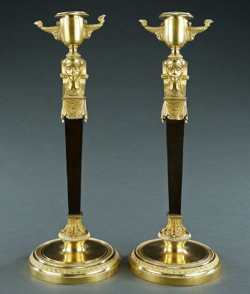 PAIR OF BRONZE FRENCH 'RETOUR D'EGYPTE' STYLE CANDLESTICKS