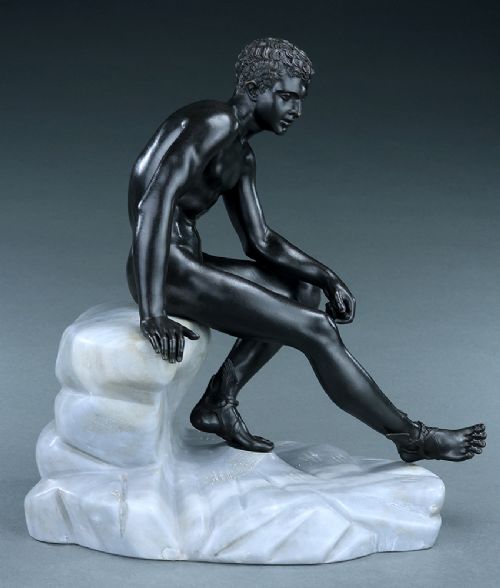 Grand Tour Seated Hermes on a Rock in Bronze and Grey Marble