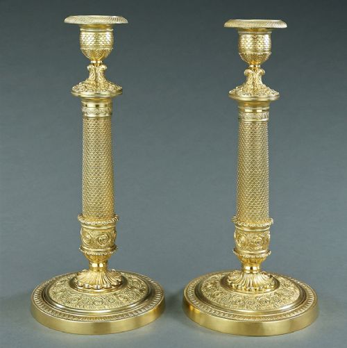 Pair of French Empire Gilt Bronze Candlesticks