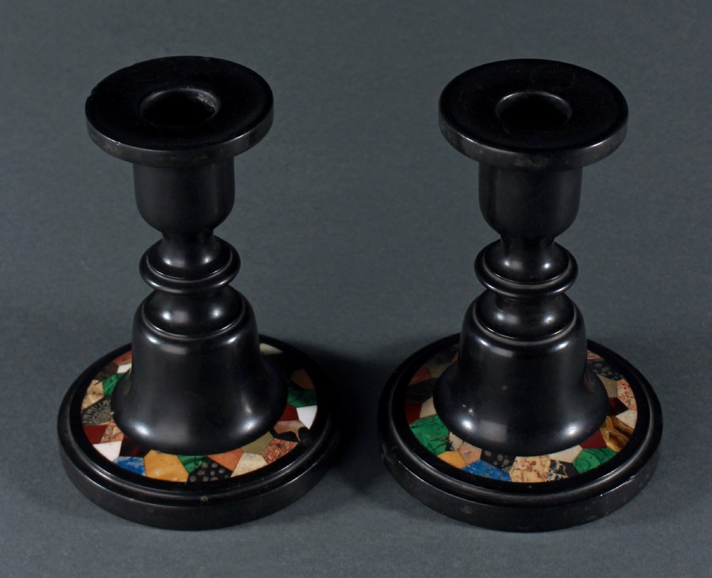 Pair of pietra dura Ashford black marble candlesticks View II