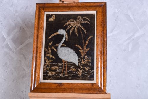 embroidered egret scene - CATEGORY: ANTIQUE MISCELLANEOUS - DATED 1920