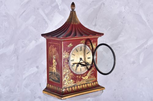 red chinoiserie mantle piece clock - CATEGORY: ANTIQUE CLOCKS - DATED 1920