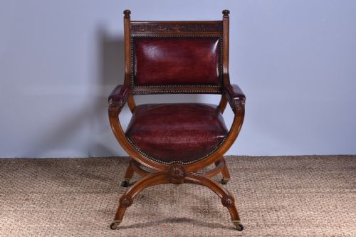 figured walnut xframe armchair - CATEGORY: ANTIQUE CHAIRS - DATED 19TH CENTURY