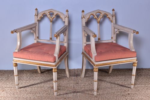pair of painted gothic style armchairs - CATEGORY: ANTIQUE CHAIRS - DATED 19TH CENTURY