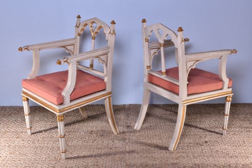 PAIR OF PAINTED GOTHIC STYLE ARMCHAIRS - ADDITIONAL PHOTO 4