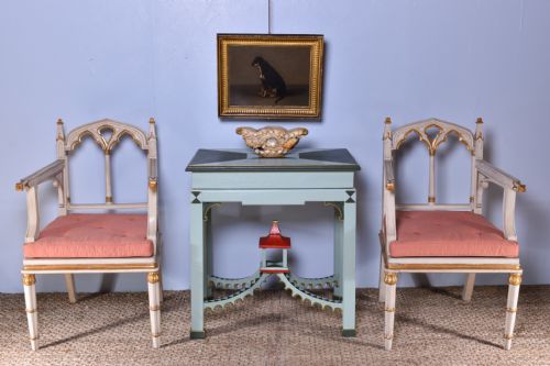 PAIR OF PAINTED GOTHIC STYLE ARMCHAIRS - ADDITIONAL PHOTO 6