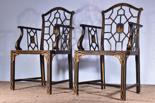 pair of gilt black japanned armchairs - CATEGORY: ANTIQUE CHAIRS - DATED 1910