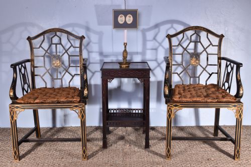 PAIR OF GILT BLACK JAPANNED ARMCHAIRS - ADDITIONAL PHOTO 5