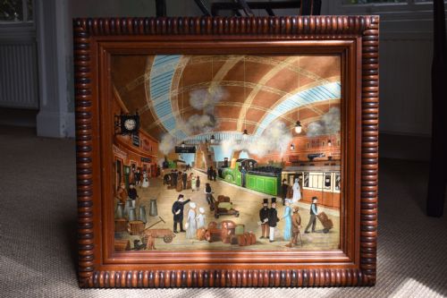 Railway Station Scene Oil on Board
