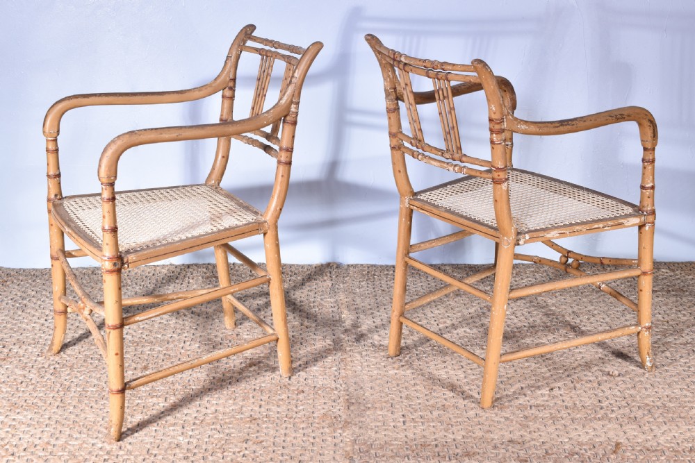 Pair Of Painted Faux Bamboo Armchairs