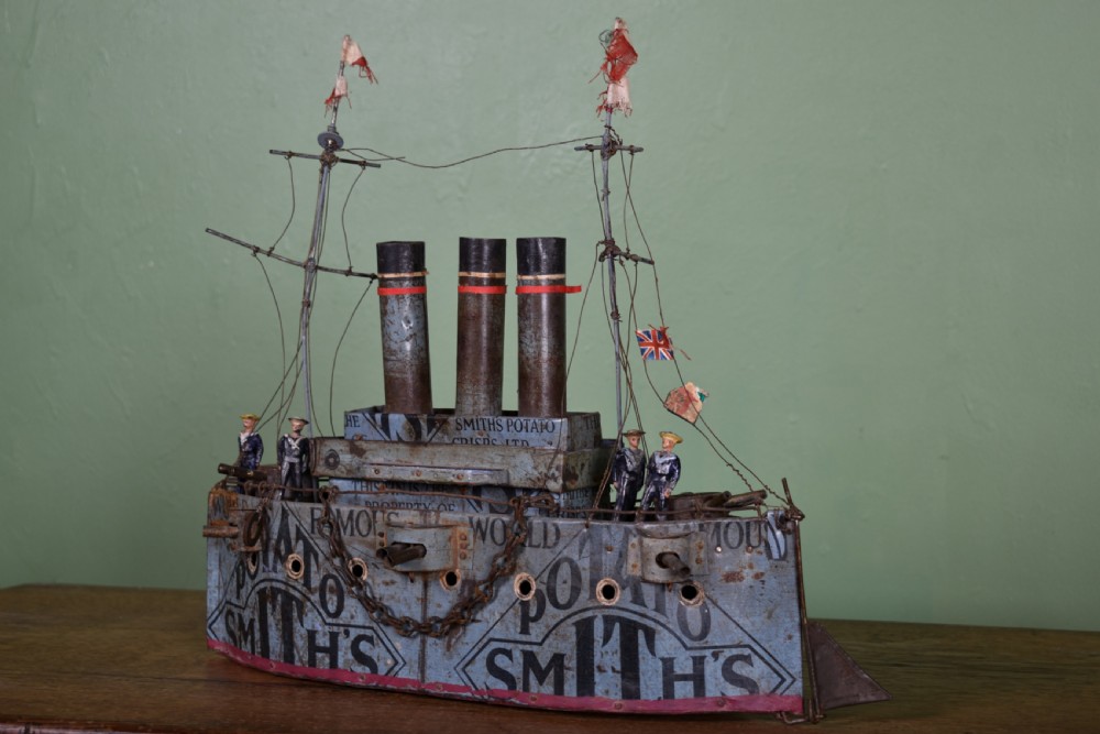 Rare British Folk Art Tin Model Of A Ship View II