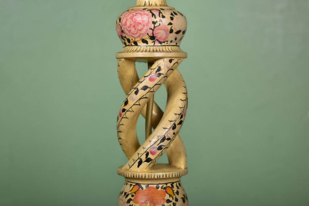 A Kashmiri hand-painted table lamp with an openwork twist floral column base and a pleated olive green shade. View III