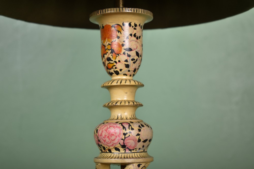 A Kashmiri hand-painted table lamp with an openwork twist floral column base and a pleated olive green shade. View IV