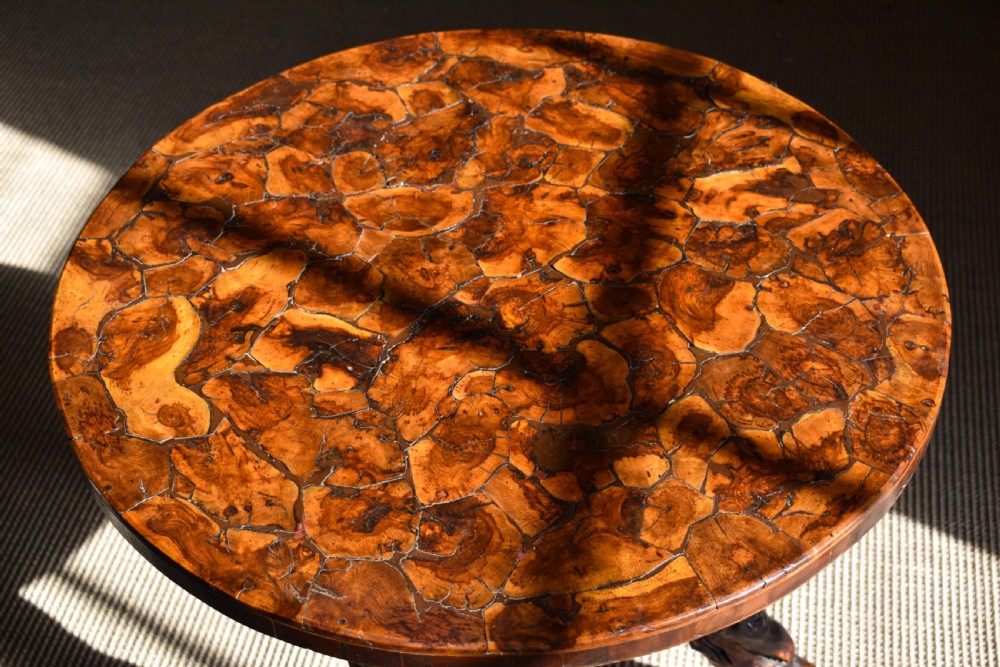 A circular dark wood side table supported by three gnarled and twisted natural grapevine legs. View IV