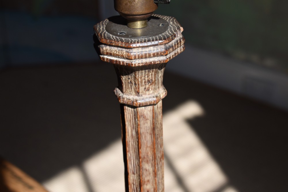 A tall limed oak table lamp base featuring a fluted column, stepped pedestal base, and a flared brass fitting. View III
