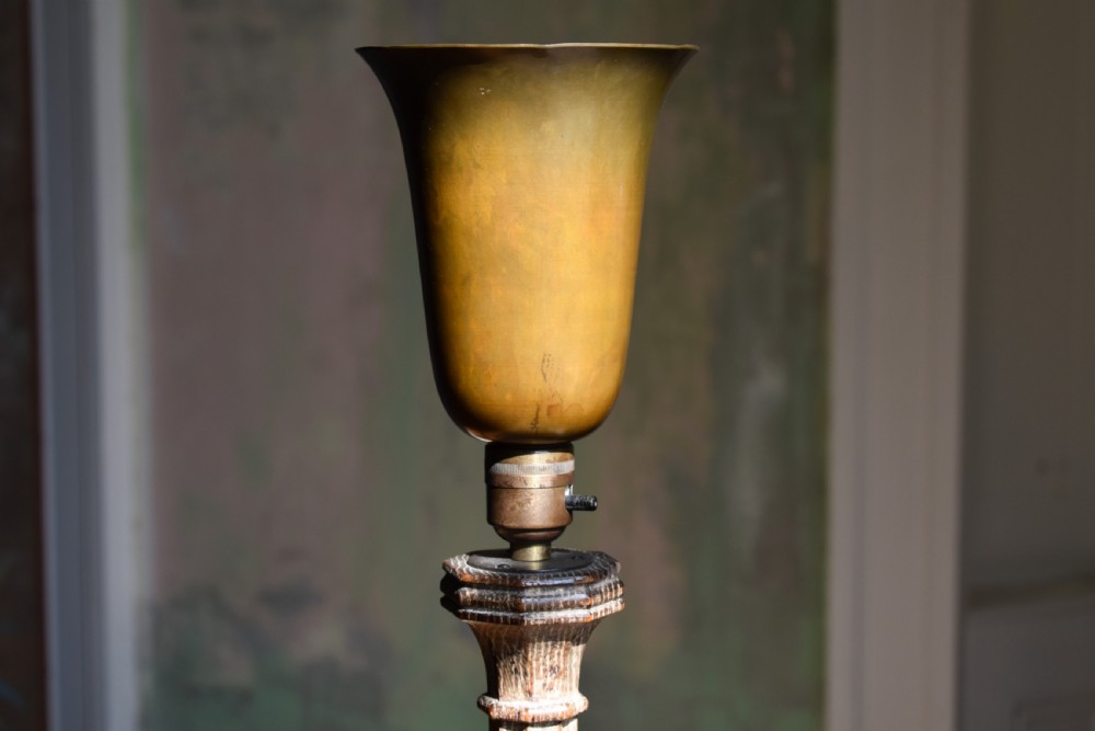 A tall limed oak table lamp base featuring a fluted column, stepped pedestal base, and a flared brass fitting. View IV