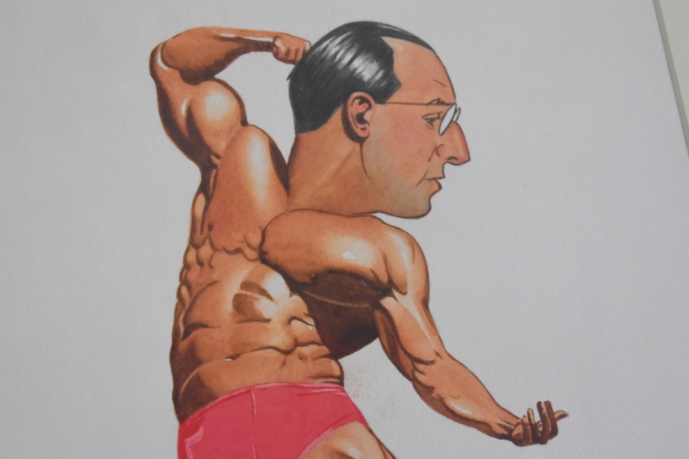 A framed watercolour cartoon depicting a bodybuilder in red trunks flexing his muscles with a caricatured male head. View III