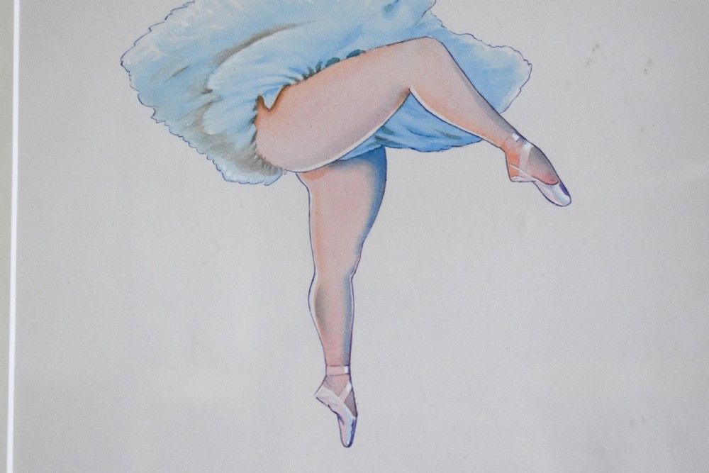 A framed original watercolour illustration depicting a humorous male figure in a light blue ballet tutu and pointe shoes performing a pose. View III