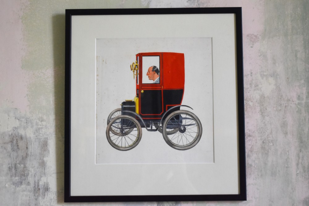 A framed watercolour cartoon artwork depicting a gentleman in profile driving a red and black vintage motorcar with spoked wheels.