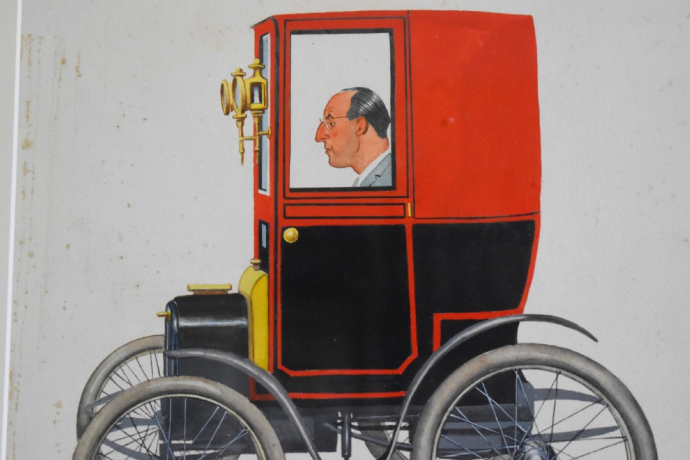 A framed watercolour cartoon artwork depicting a gentleman in profile driving a red and black vintage motorcar with spoked wheels. View II