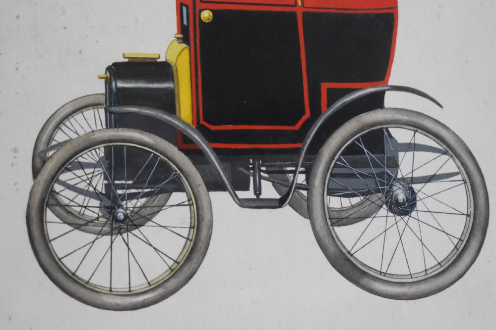 A framed watercolour cartoon artwork depicting a gentleman in profile driving a red and black vintage motorcar with spoked wheels. View III